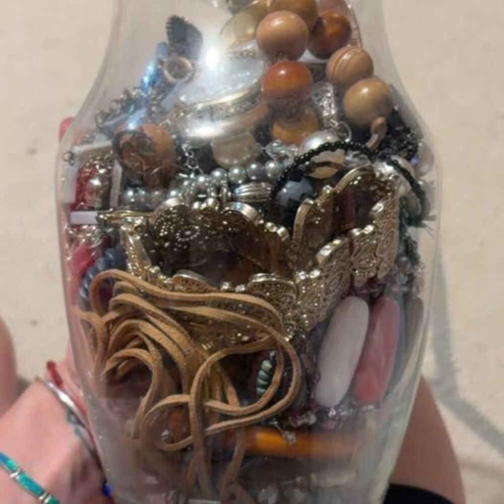 Glass Vase with Assorted Jewelry